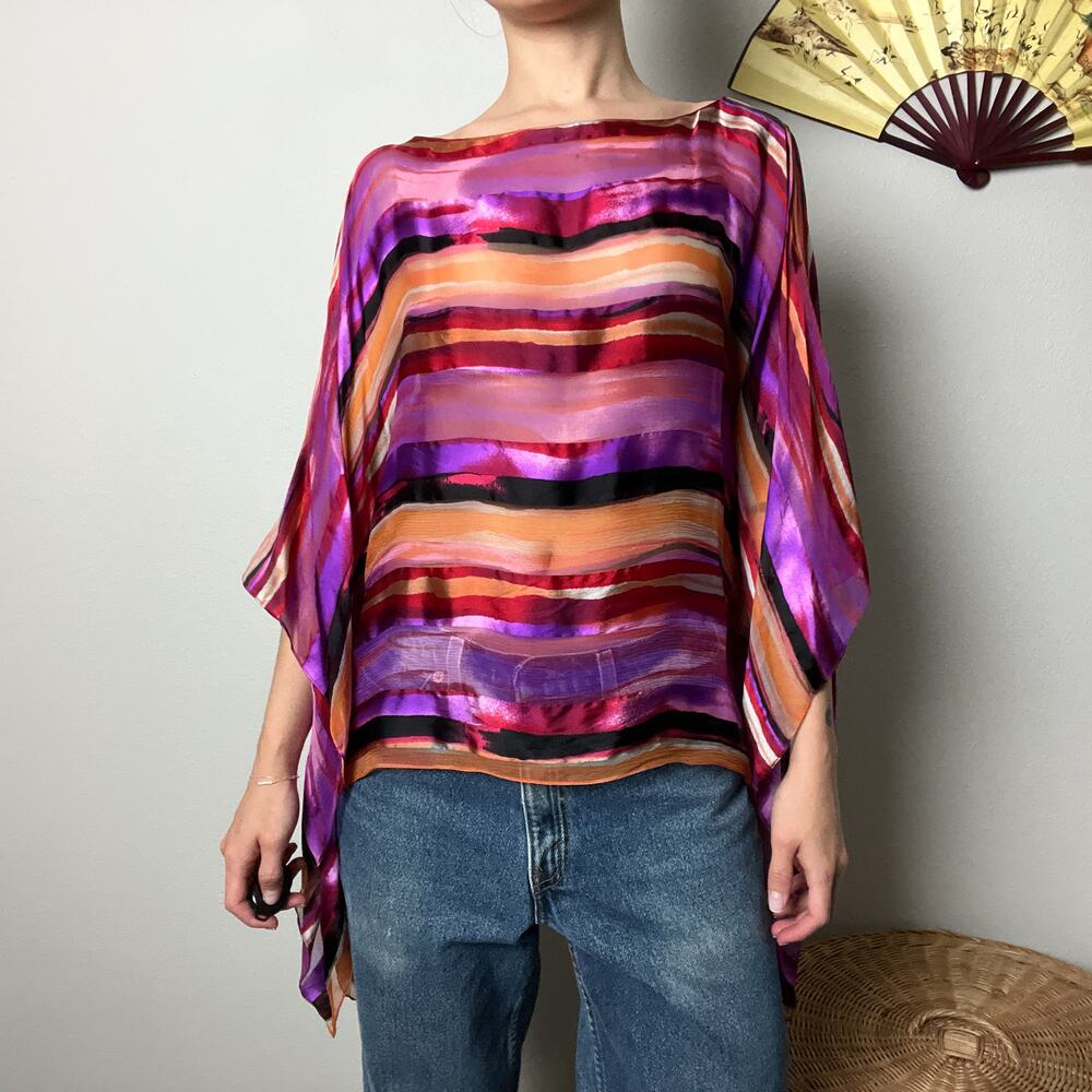 y2k vintage pink abstract striped silk semi sheer boatneck poncho blouse top